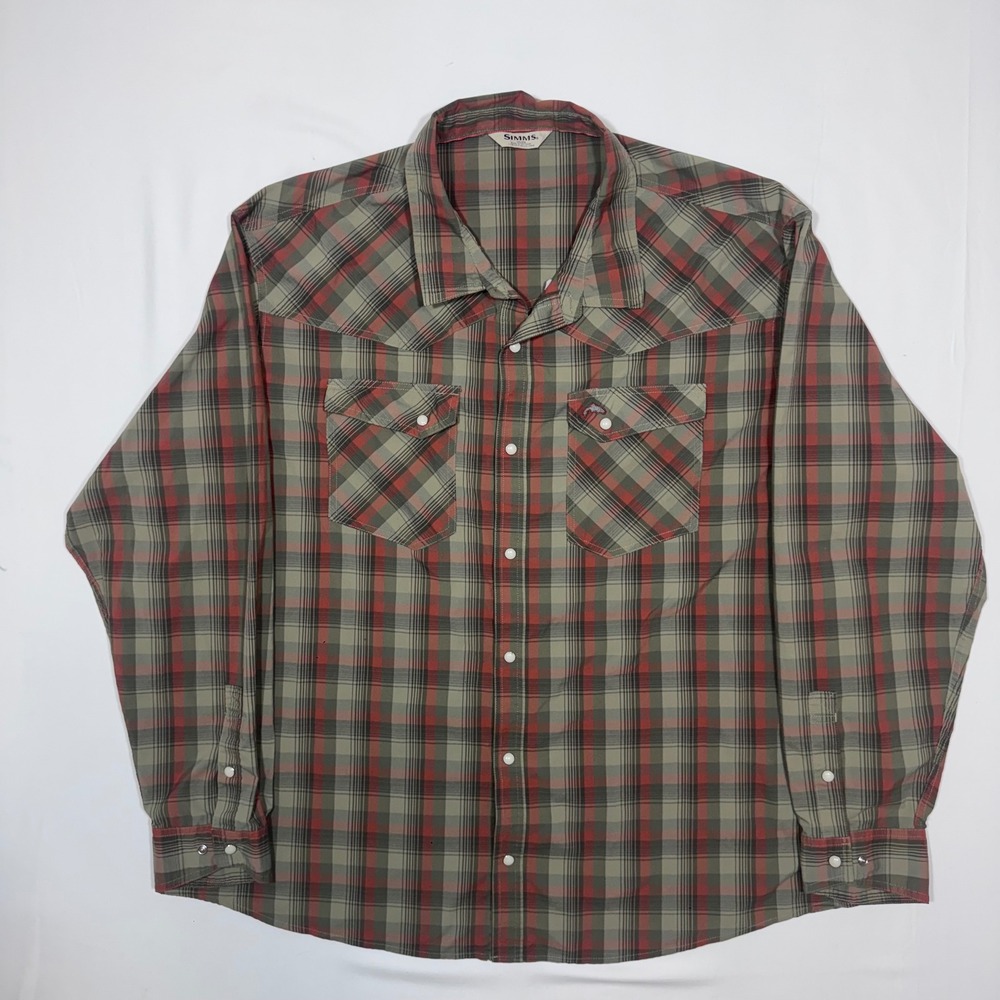 Simms Mens Plaid Pearl Snap Western Shirt Olive Red 3XL Outdoor Fishing Gorpcore